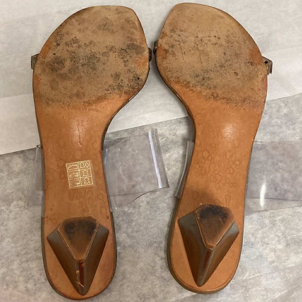 Beverly Feldman Sandals Metallic Gold with Rhinestone Strap/Clear PVC Strap. - Picture 7 of 8